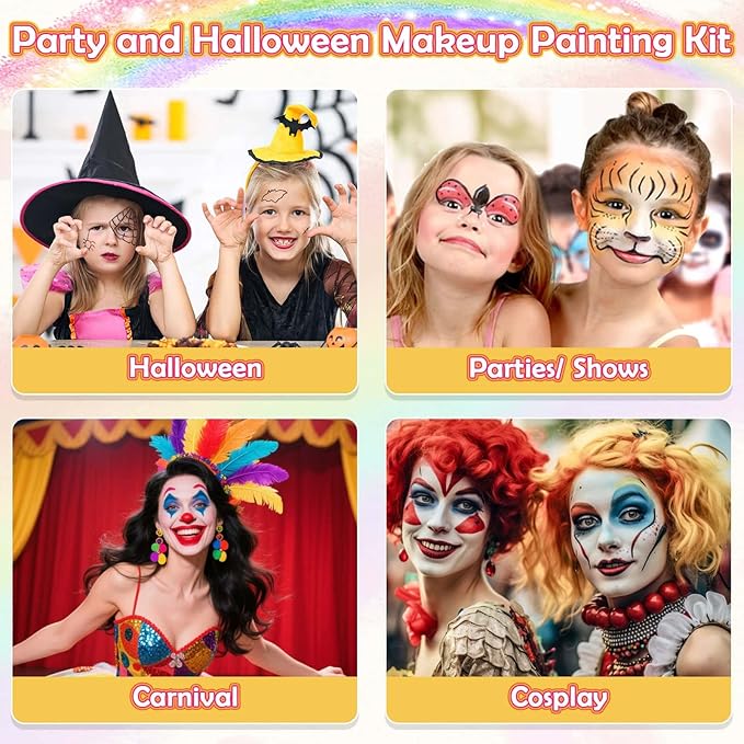 Professional 69 Colors Face Painting Kit for Kids – Washable Skin Watercolor Non-Toxic Body Paint Face Glitter Makeup Palette with Stencils, Gems, Brushes– for Kids Party Cosplay Halloween FX