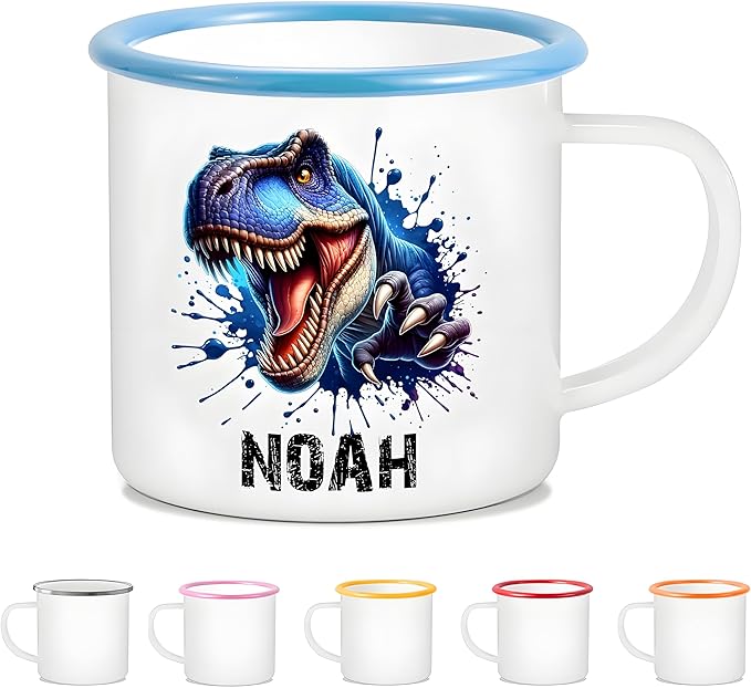 Personalized 12 oz Enamel Mug with Name - Custom Camping Coffee Mugs for Home, Work, Travel, Camping - Birthday Christmas Gift for Family Friend (Splash-Ink Dinosaur)