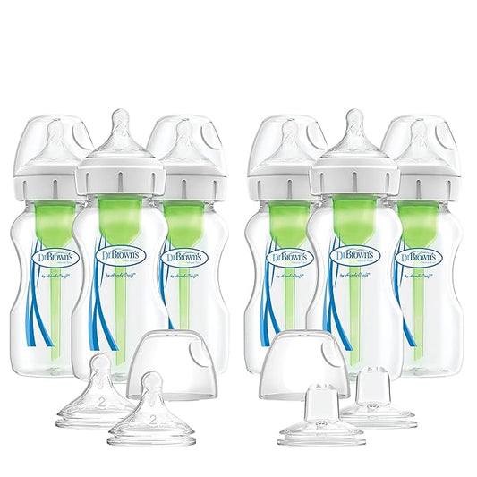Dr. Brown's Natural Flow Anti-Colic Options+ Wide-Neck Baby Bottles, 9 oz/270 mL, with Level 1 Slow Flow Nipple, 6 Pack with 2 Bonus Level 2 Nipples & 2 Sippy Spouts