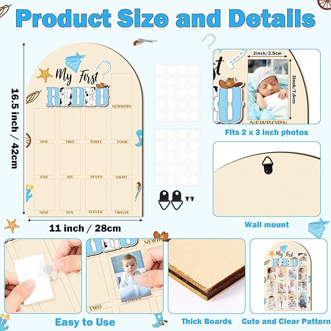 R HORSE 3D My First Rodeo Birthday Wood Photo Display Board, Blue Cowboy Baby's First Year Picture Frame, 1-12 Months Milestone Board Birthday Decorations Keepsake Gift for Baby Boys Nursery Decor