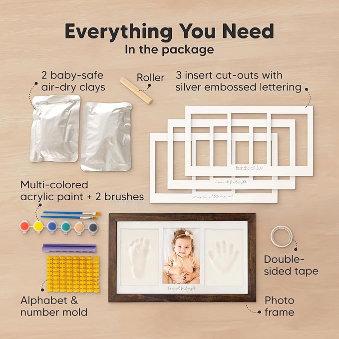 Baby Hand and Footprint Kit - Clay Handprint Keepsake Frame, Newborn Nursery Picture Frame, Personalized New Mom Gifts for Baby Shower & Registry (Dark Walnut)
