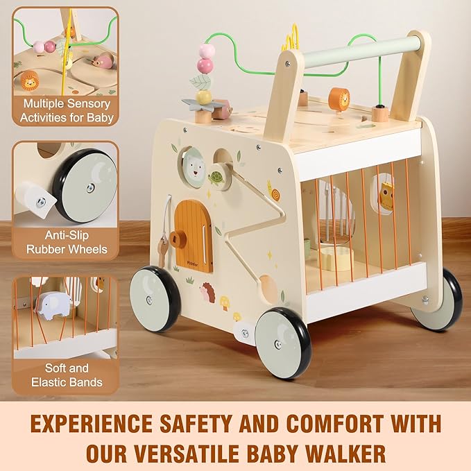 Wooden Activity Cube Push Walker, Wooden Baby Walker, Montessori Push Toys for Babies Learning to Walk & Sit-to-Stand