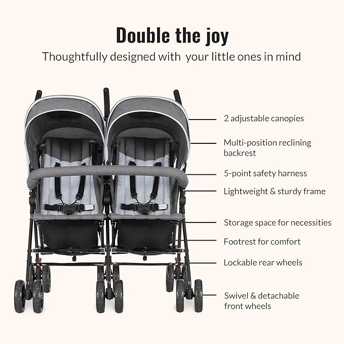 Dream On Me Volgo Twin Umbrella Stroller in Gray, Lightweight Double Stroller for Infant & Toddler, Compact Easy Fold, Large Storage Basket, Large and Adjustable Canopy