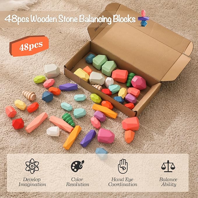 OESSUF Stacking Rocks 48Pcs Stacking Blocks Balancing Stacking Stones Wooden Building Toys Wood Stone Stacking Game for Toddler Sorting Preschool Educational Montessori Stacking Rocks for Kids
