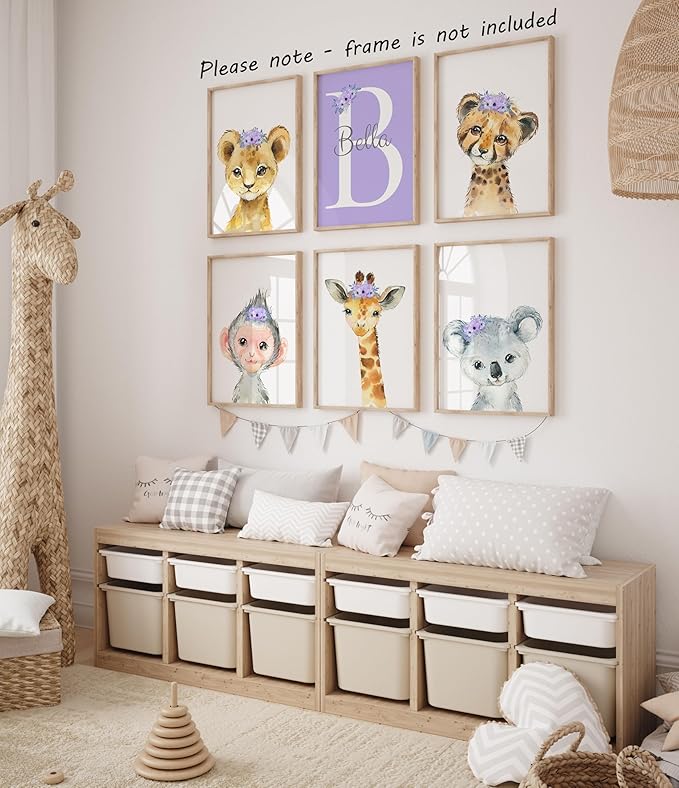 Personalized Safari Animals for Baby Girls Nursery, Set of 6 Unframed Poster Prints, Personalized Name Pink Lilac Floral, Girls Bedroom Decor, Elephant Giraffe (11x14)