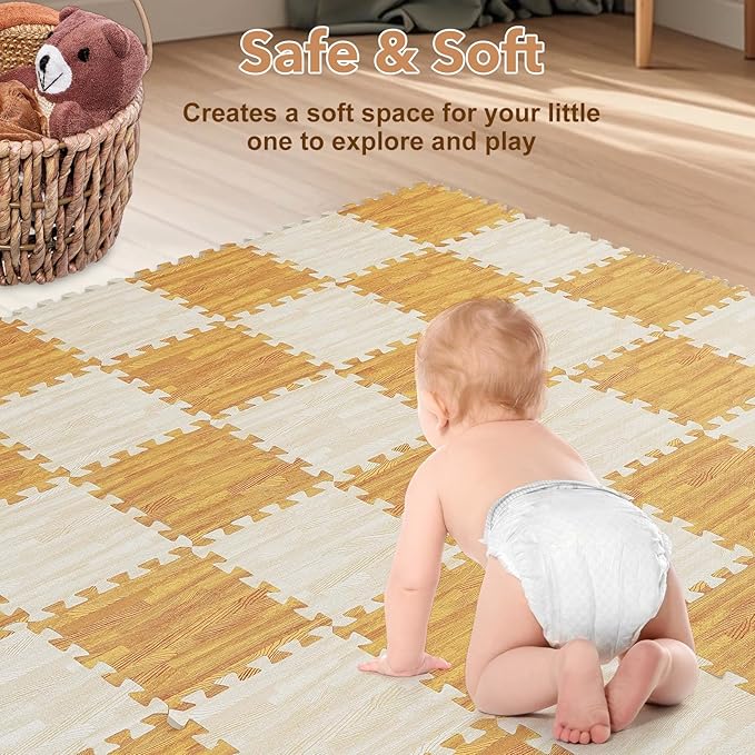 Skyweaver 36 Tiles Soft Non-Toxic Baby Play Mat for Floor EVA Foam Jigsaw Puzzle Play Mat, Interlocking Squares with 0.6inch for Babies, Toddlers & Kids Gym, Nursery, Playroom, Light Brown