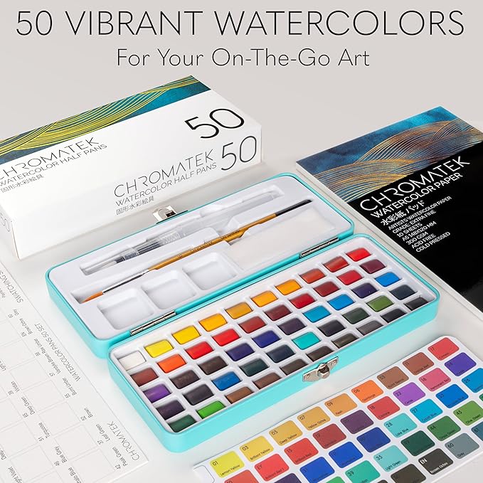 CHROMATEK Watercolor Paint Set β 50 Vivid Colors Including Transparent, Opaque & Pastel β Art Kit with Brush, Water Pen, Palette, Color Chart, Swatch Sheets, Pad & Metal Travel Case