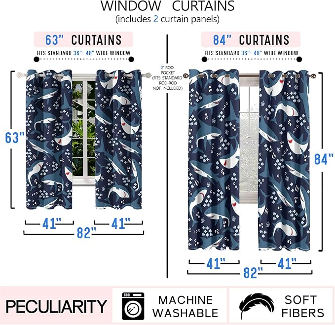 Cartoon Shark Blackout Curtain Panels Curtains Blue Curtains for Boys Bedroom Grommet Top Window Treatment 2 Panels Drapes Kids Room Decor Navy Blue Curtains 84 Inch Length, 82''x84''