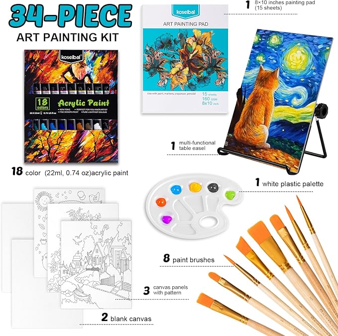 koseibal Acrylic Paint Set for Kids, Art Painting Supplies Kit with 18 Paints, 5 Canvas Panels, 8 Brushes, Table Easel, Etc, Premium Paint Set for Students, Artists and Beginner.