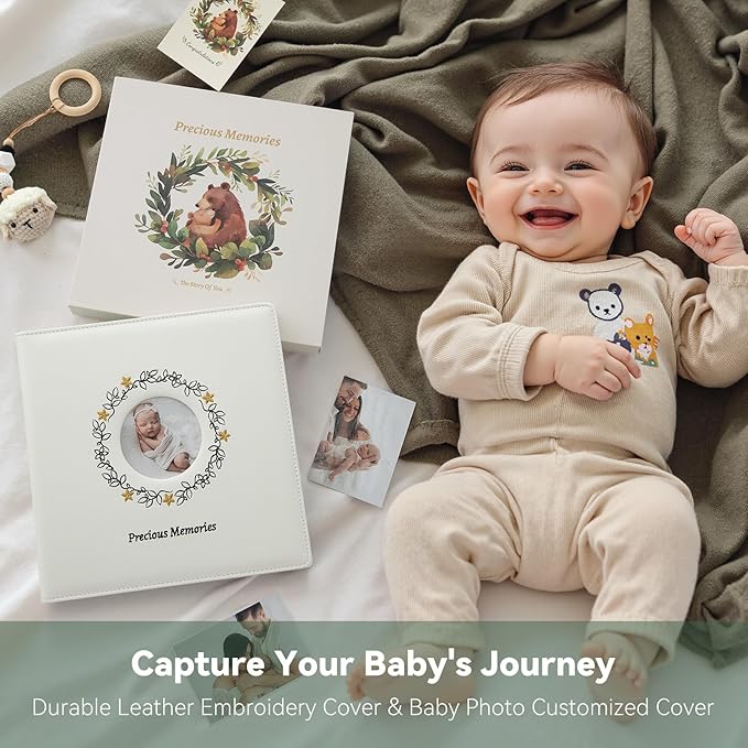Leather Embroidery Baby Book Keepsake - Gender Neutral Baby Memory Book, Baby Photo Album for First 5 Years, Baby Books for Baby Shower, Pregnant Mom Gifts, Forest-Inspired Design, 10" x 10"
