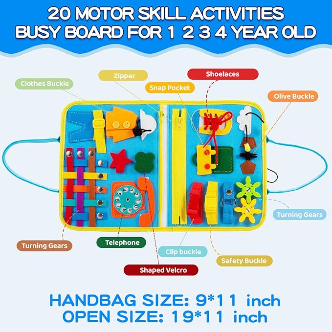 MORNOR Busy Board for Toddlers 1-4, Sensory Activity Board for Learning, Travel Toys, Montessori Toys for Fine Motor Skills, Gift for Boys & Girls (Blue)