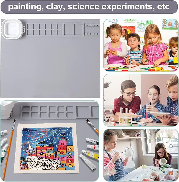 AWOKE Silicone Painting Mat - 20"X16" Silicone Art Craft Mat with 1 Water Cup for Kids -12 Color Dividers - 2 Paint Dividers (Grey)