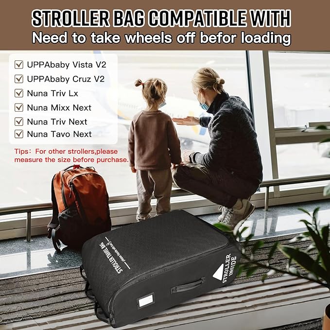RAYMACE Padded Stroller Travel Bag for Airplane,Stroller Gate check bag with Wheels Compatible with UPPAbaby Vista,Vista V2,Cruz,Cruz V2, Travel Safe Protection Storage Bag,Patterned Design,Black