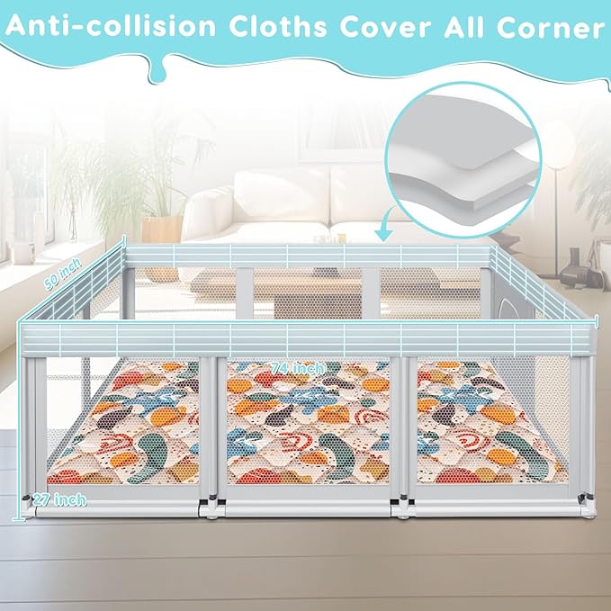 74" Γ50" Large Baby Playpen, Baby Playard for Babies and Toddlers, Play Pens for Indoor & Outdoor, Sturdy Safety Play Yard with Soft Breathable Mesh, Anti-Fall, Grey (with MAT)