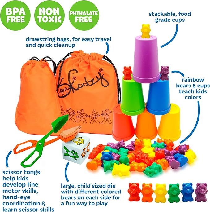 Skoolzy 60 pcs Rainbow Counting Bears 5 pk - Teddy Bear Bounters with 6 Color Sorting Cups, Math Games Dice Toy, Montessori Tong & 2 Storage Bags - Counting & Color Recognition Toys for Age 3+
