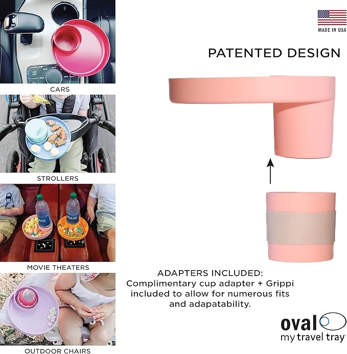 Travel Tray Oval USA Made Extend Your Current Cup Holder to Hold Your Cup Plus A Tray for Snacks, Toys and Accessories. Use in a Car Seat, Booster, Stroller, Golf Cart, Outdoor Chair, (Peach)