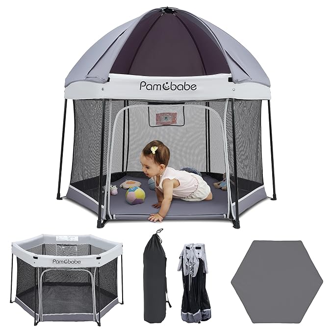 Pamo Babe Baby Playpen with Sun Protection Canopy - Indoor & Outdoor Play Yard for Babies and Toddlers - Baby Tent with Zipper Door