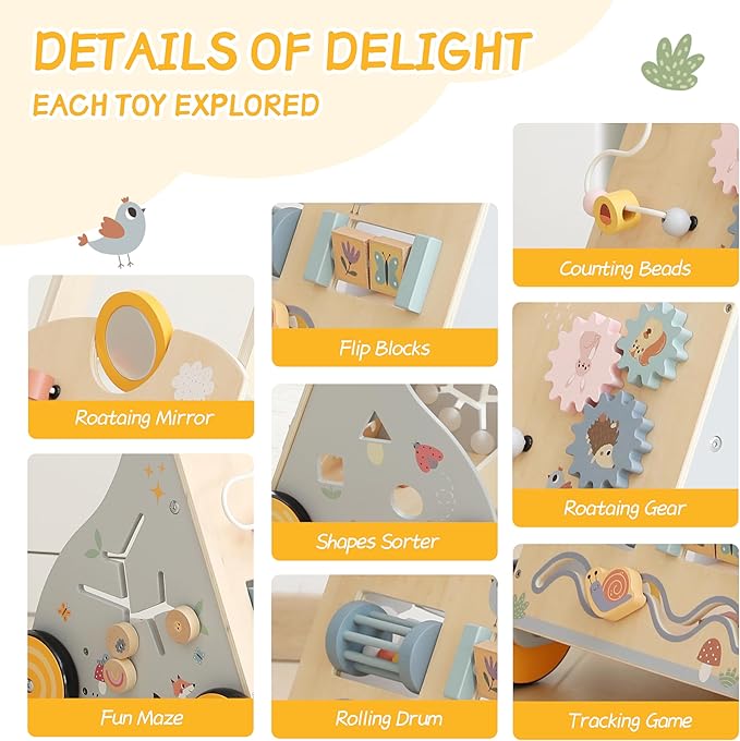 Wooden Baby Walker and Push Toy - Adjustable Height, Montessori Learning Activity Center for Boys and Girls, Toddler Push Walker and Development Toy for Kids 1-3 Years