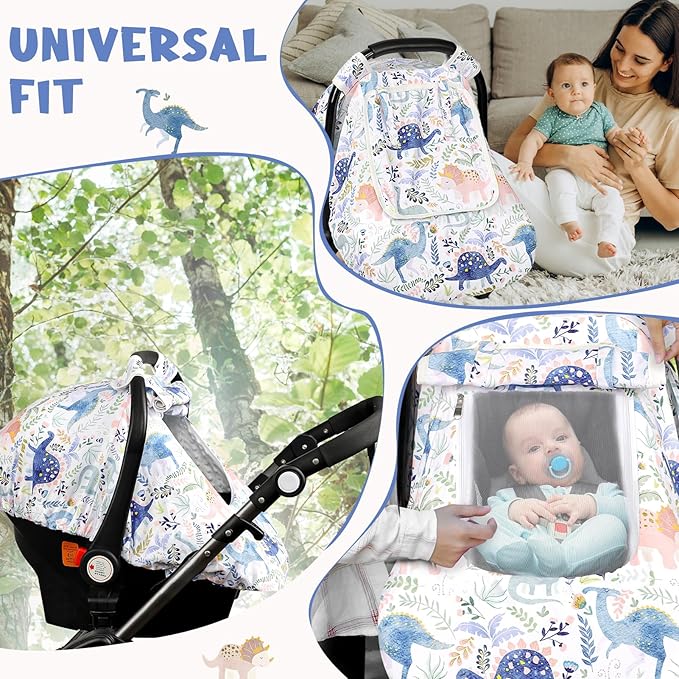 Pea Pod Car Seat Cover Baby Boy, Infant Car Seat Canopy Covers for Newborn with 2 Layers Windows of Breathable Mesh Fabric, Lightweight Polyester/Soft Minky Dot Backing