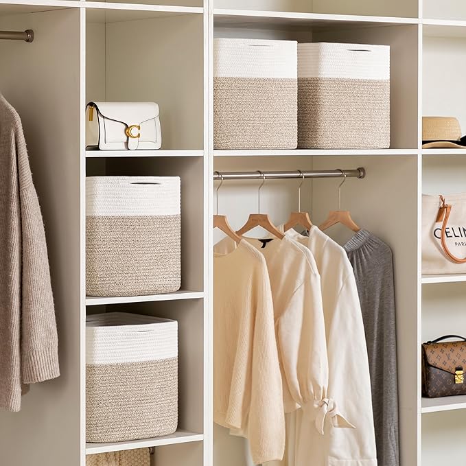 joybest Cube Storage Bins Set of 4, 13inch Cube Baskets Organizer for Nursery, Square Cotton Rope Baskets for Shelves Organizing, Kids Toy, Closet Storage, Brown and Cream White