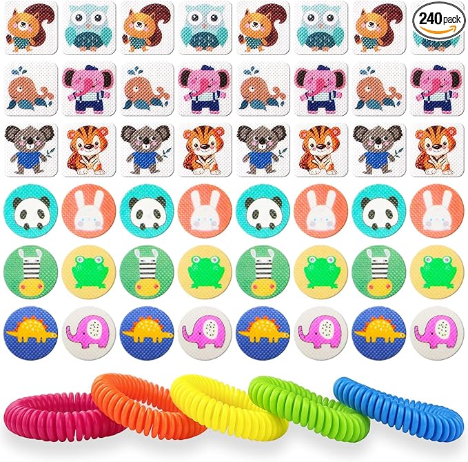 Mosquito Repellent Stickers 240 Pcs Natural Mosquito Patches for Kids and Adults with 5 Pack Individually Wrapped Mosquito Repellent Bracelets for Outdoor Camping Traveling Fishing