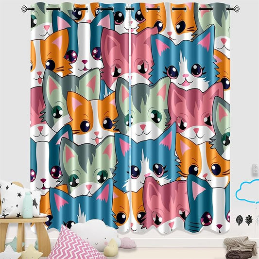 Cat Curtain Panels for Girls - 2Pcs Cat Blackout Curtains for Girls Bedroom, 84W x 84L