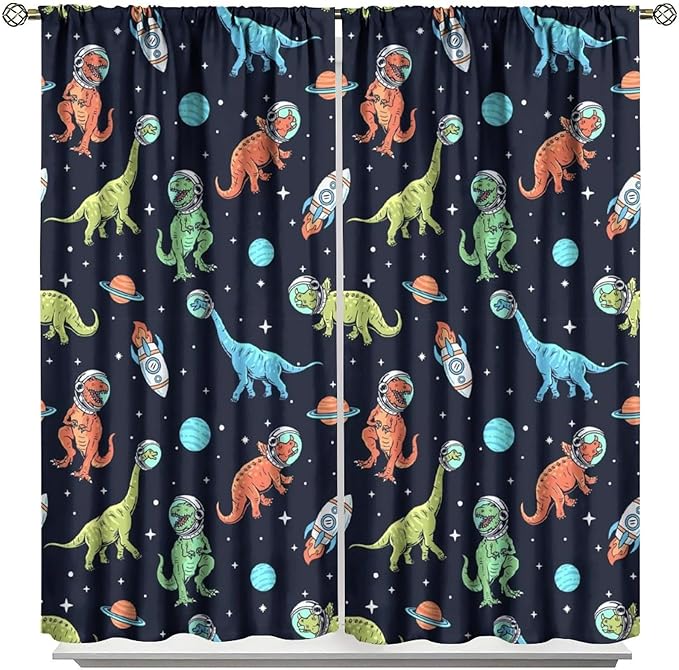 Cartoon Dinosaur Curtains for Kids Boys Girls Home Decor, Astronaut Rocket Funny Outer Space Blackout Rod Pocket Window Drapes for Bedroom Living Room W21xL45in Decor