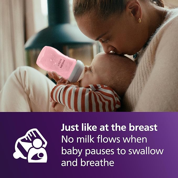 Philips Avent Natural Baby Bottles with Natural Response Nipples (Medium Flow, Flow 3), 9oz, Pink, 4-Pack, SCY903/14