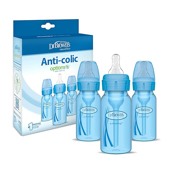 Dr. Brown’s Natural Flow® Anti-Colic Options+™ Narrow Baby Bottles 4 oz/120 mL, with Level 1 Slow Flow Nipple, 3 Pack, 0m+ Blue