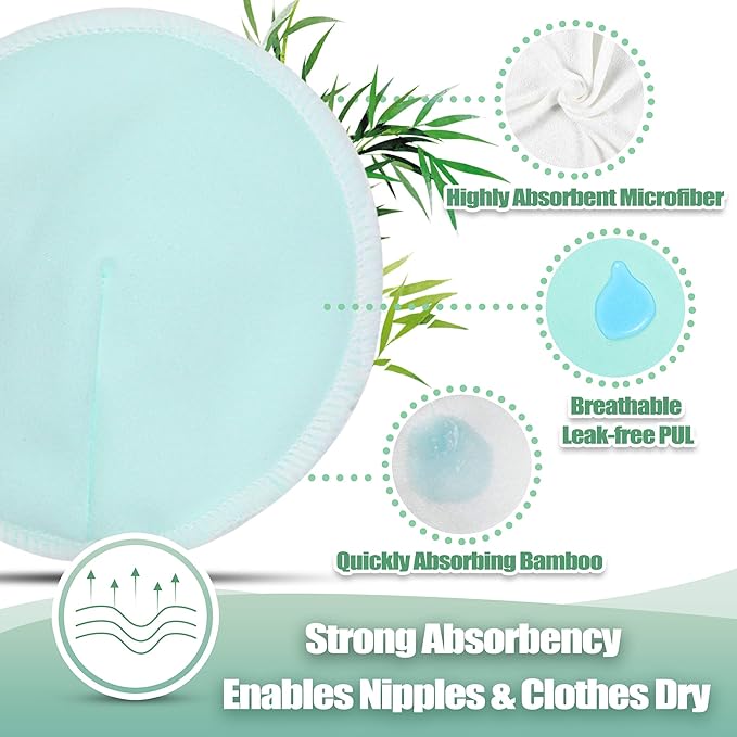 wegreeco Nursing Breast Pads (14 Pack) + Laundry Bag & Travel Storage Bag, 4.7 inch Option - Washable & Reusable Breastfeeding Nursing Pads (Peaceful, Large, Contoured Shape)