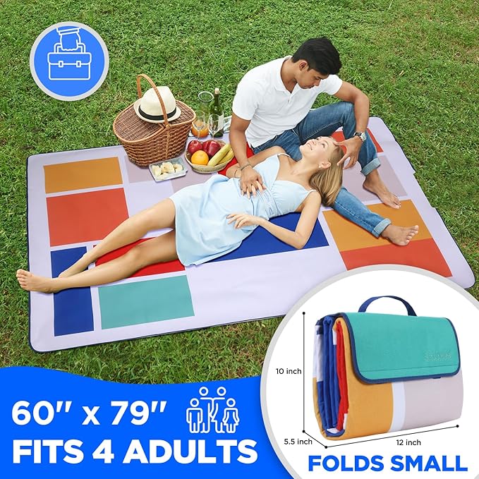 scuddles Extra Large Picnic Blanket – 79" x 59" Waterproof Outdoor Mat with 3-Layer Comfort Design, Easy Fold & Carry Strap for Beach, Camping, Hiking, Park & Family Fun