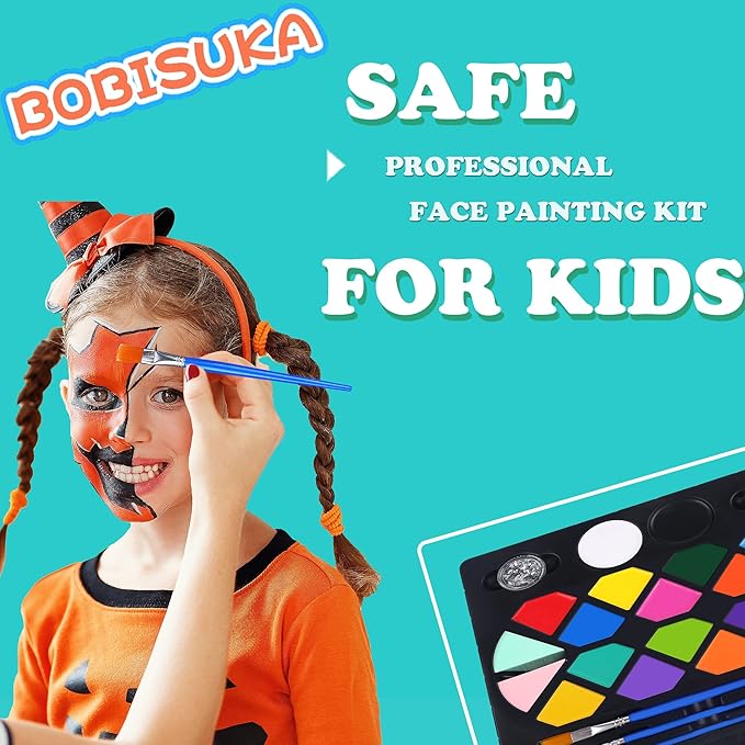 BOBISUKA Face Painting Kit for Kids - 16 Colors Water Based Body Face Paint Includes Brushes,Sponges,Glitters,Gem Sheet,Instructions,Stencils for Halloween Party Costume SFX Makeup
