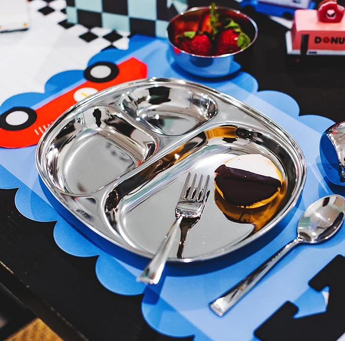 Ahimsa Stainless Steel Kids Plates - Divided Toddler Plates, Pediatrician Designed, Non Toxic Toddler Plate, Camping Plate, BPA Free & Dishwasher Safe (Single)
