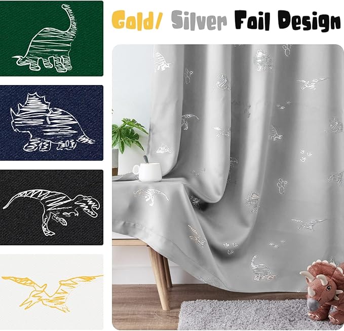 Vangao Grey Blackout Curtains Dinosaur Curtains for Boys Kids Nursery Girls Room Silver Dino Foil Print Thermal Insulated Grommet Top Window Drapes 63 Inches Length 2 Panels