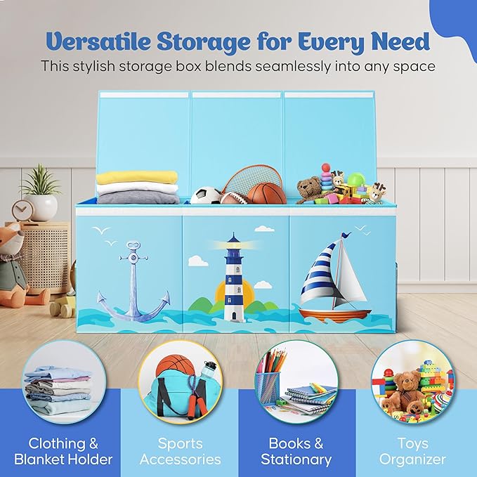 Extra Large Collapsible Sturdy Toy Storage Organizer with Lids, Ocean Theme Toy Box for Boys & Girls, 40"x16"x16", Modern, Blue