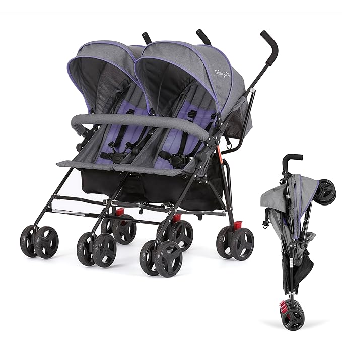 Dream On Me Volgo Twin Umbrella Stroller in Purple, Lightweight Double Stroller for Infant & Toddler, Compact Easy Fold, Large Storage Basket, Large and Adjustable Canopy
