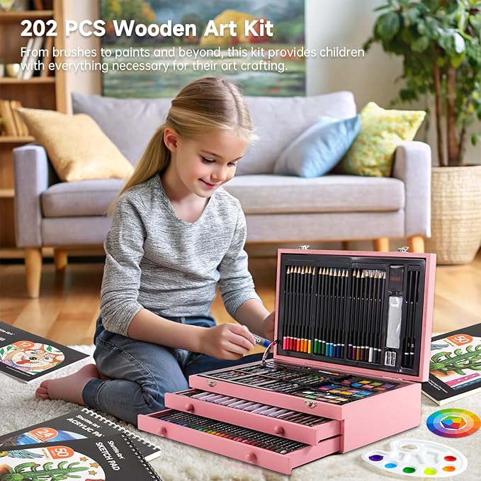 Shuttle Art Deluxe Gift Art Kit, 202-Piece Wooden Art Supplies Set with 4 Drawing Pads, Canvases, Coloring Sheets, Acrylic Paint, Crayons, Oil Pastels, Colored Pencils for Kids
