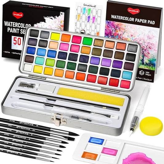 Watercolor Paint Set 50 Colors Including Metallic, Watercolor Kit with Case, Watercolor Paper, Paint Brushes, Palette and Accessories, Water Color Art Supplies Gift for Adults Kids Artists