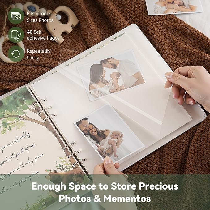 Leather Embroidery Baby Book Keepsake - Gender Neutral Baby Memory Book, Baby Photo Album for First 5 Years, Baby Books for Baby Shower, Pregnant Mom Gifts, Forest-Inspired Design, 10" x 10"