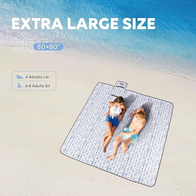 ZAZE Beach Blanket Picnic Blankets Waterproof Sandproof with Stakes, Thick 3-Layer 80 * 80 Oversized Mat, Extra Large Big Machine Washable, Foldable Accessories Outdoor Camping Park (Blue White)