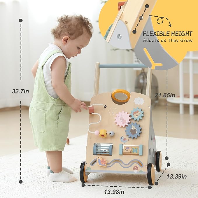 Wooden Baby Walker and Push Toy - Adjustable Height, Montessori Learning Activity Center for Boys and Girls, Toddler Push Walker and Development Toy for Kids 1-3 Years