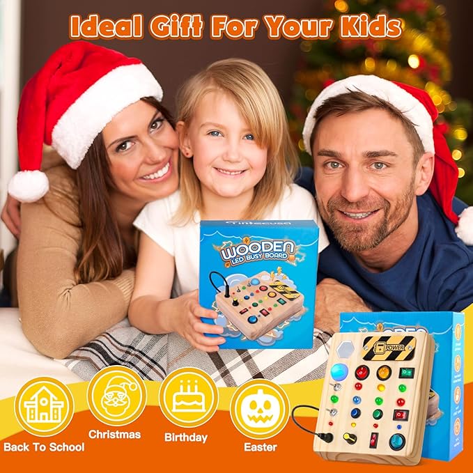 LED Busy Board, Wooden Sensory Toys for Toddler, Montessori Music Toy for Airplane, Travel Activity Educational Learning Toy, Busy Light Switch Autism Toys, Birthday Boys Girls Gifts