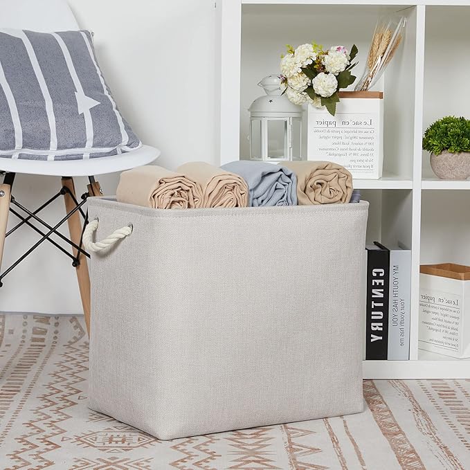 DULLEMELO 2-Pack Large Storage Baskets for Organizing Canvas Fabric Storage Basket Bins With Rope Handles for Shelf Clothes Empty Gift Basket (Beige)
