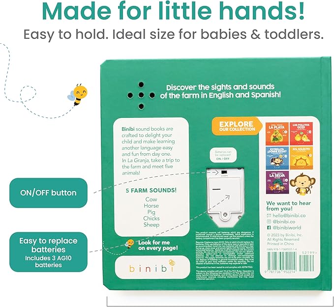 Binibi Spanish Books for Babies & Toddlers 1-3 La Granja Interactive Bilingual Sound Book with Farm Animal Sounds | Bilingual Children's Book | Spanish Learning for Kids | Libro en espaรฑol para bebรฉs