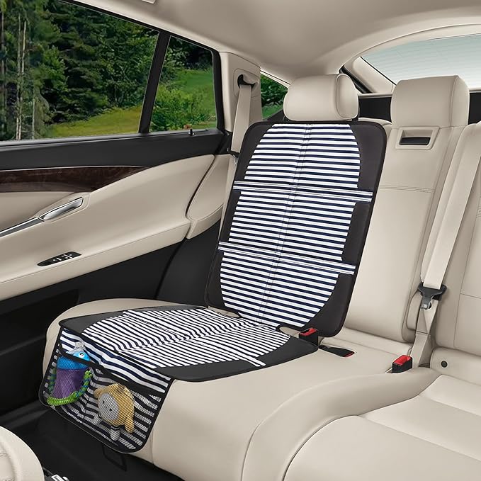 Car Seat Protector for Child Car Seat, 2 Pack Baby Car Seat Covers with Mesh Pockets & Non-Slip Backing 600D Durable Seat Protector Under Baby Car Seat for Car Back Seat (Stripe, Large)