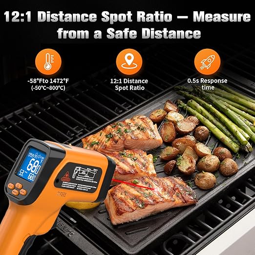 Dual-Mode Infrared Thermometer Gun,-58°F to 1472°F Laser Temp Gun, -58°F to 572°F K‑Type Probe with Humidity Display, 12:1 D:S