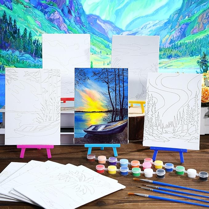 Blosssound 10 Set Pre Printed Canvas Pre Drawn Canvas Painting with Easel Kits 5" x 7" Outline Painting Panels for Beginners, DIY Craft Project, Party Favor, Home Decors(Dream Sky)