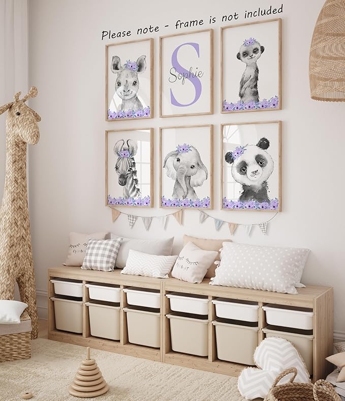 Personalized Safari Animals for Baby Girls Nursery Bedroom Unframed Set of 6 Poster Prints, Personalized Name Pink Purple Flowers Wall Art Decor New Baby Gift Present, Elephant Giraffe Panda Zebra Lion (8x10)