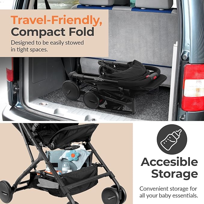 Jovial Lightweight Travel Baby Stroller - One-Hand Folding Compact Stroller with Multi-Position Reclining System - Retractable Sun Canopy, Extra-Large Storage Basket - Includes Airplane Storage Bag