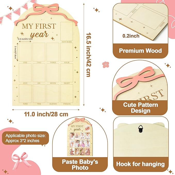 R HORSE My First Year Photo Frame Board, 3D Coquette Pink Bow Display Wood Board, Baby’s First Year 12 Months Milestone Sign 1st Birthday Frame Nursery Decor Keepsake Gift for Boy Girl